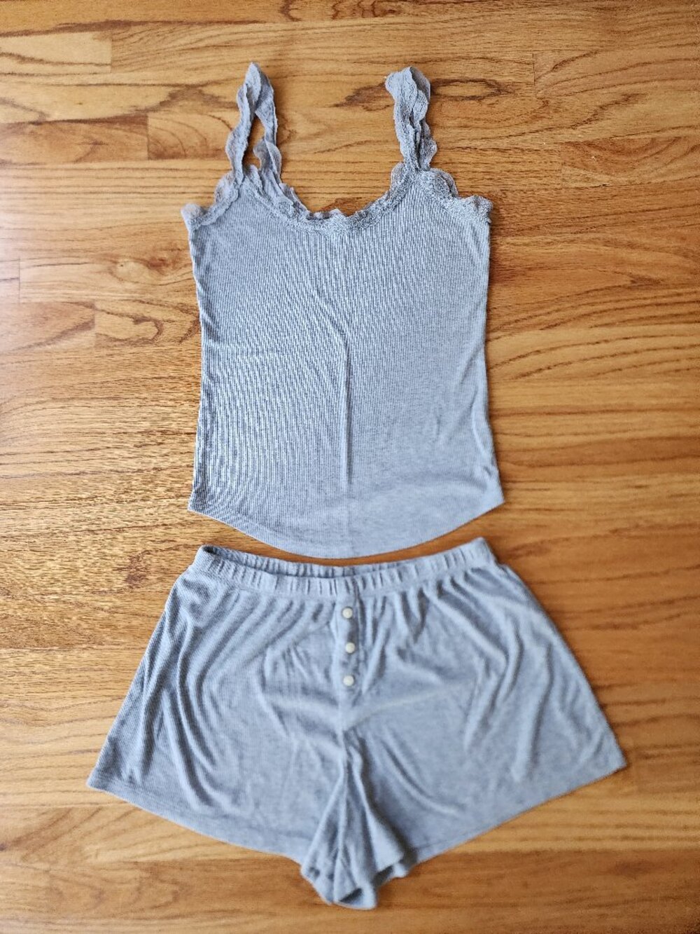GapBody Grey Ribbed Knit Lace Trim Cami Top & Boxer Shorts Pajama Set S